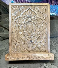 Hand Carved Wood Book Tablet Bible Foldable Stand Ornate Floral w/ Crest Center