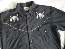 Ely Diamond Black Pearl Snap Steer Skulls Embroidered Western Shirt Mens Medium