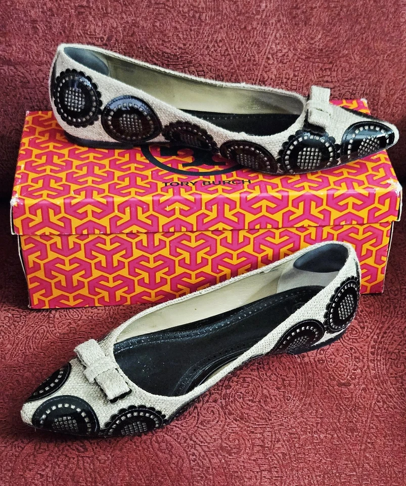 Tory Burch Mujer Natural/Negro Pippa Ballet-Arpillera Patente Becerro Plano Talla 8.5M  Foto 2 de 4