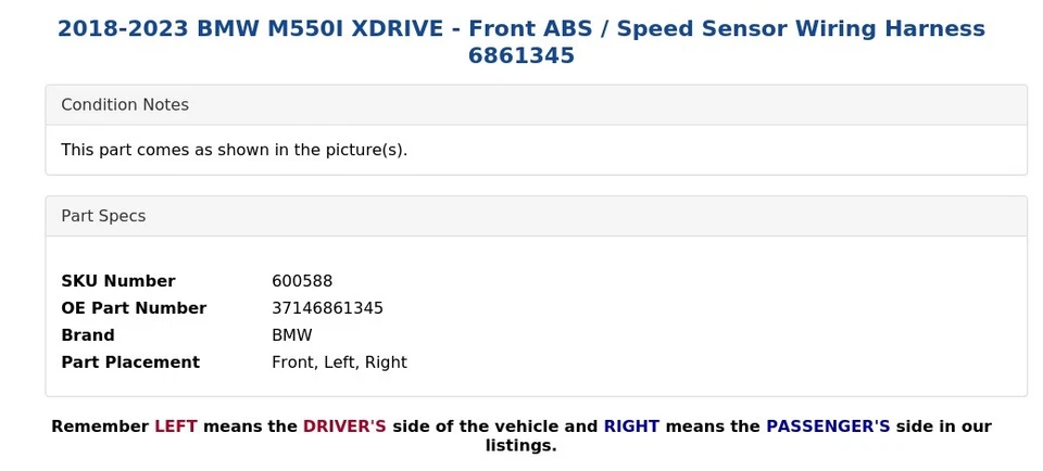 BMW M550I XDRIVE 2018-2023 - ABS/sensor de velocidad delantero arnés de cableado 6861345 Foto 4 de 4