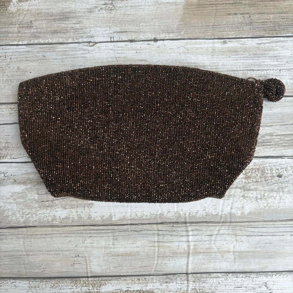 Bolsa vintage por Josef bolsa de mão com miçangas bronze metálica com zíper superior noite glam discoteca - Imagem 2 de 4