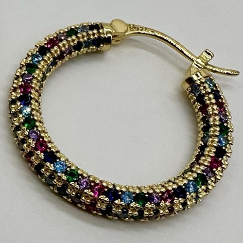 Ruby Emerald Sapphire Pavé Hoop Earrings 925 Gold Vermeil Sterling Gemstone - Picture 4 of 5