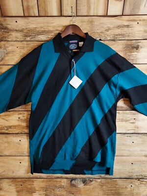 Mens Long-Sleeved Polo Shirt Large Striped Teal Black NWT Sports Wear Rugby 