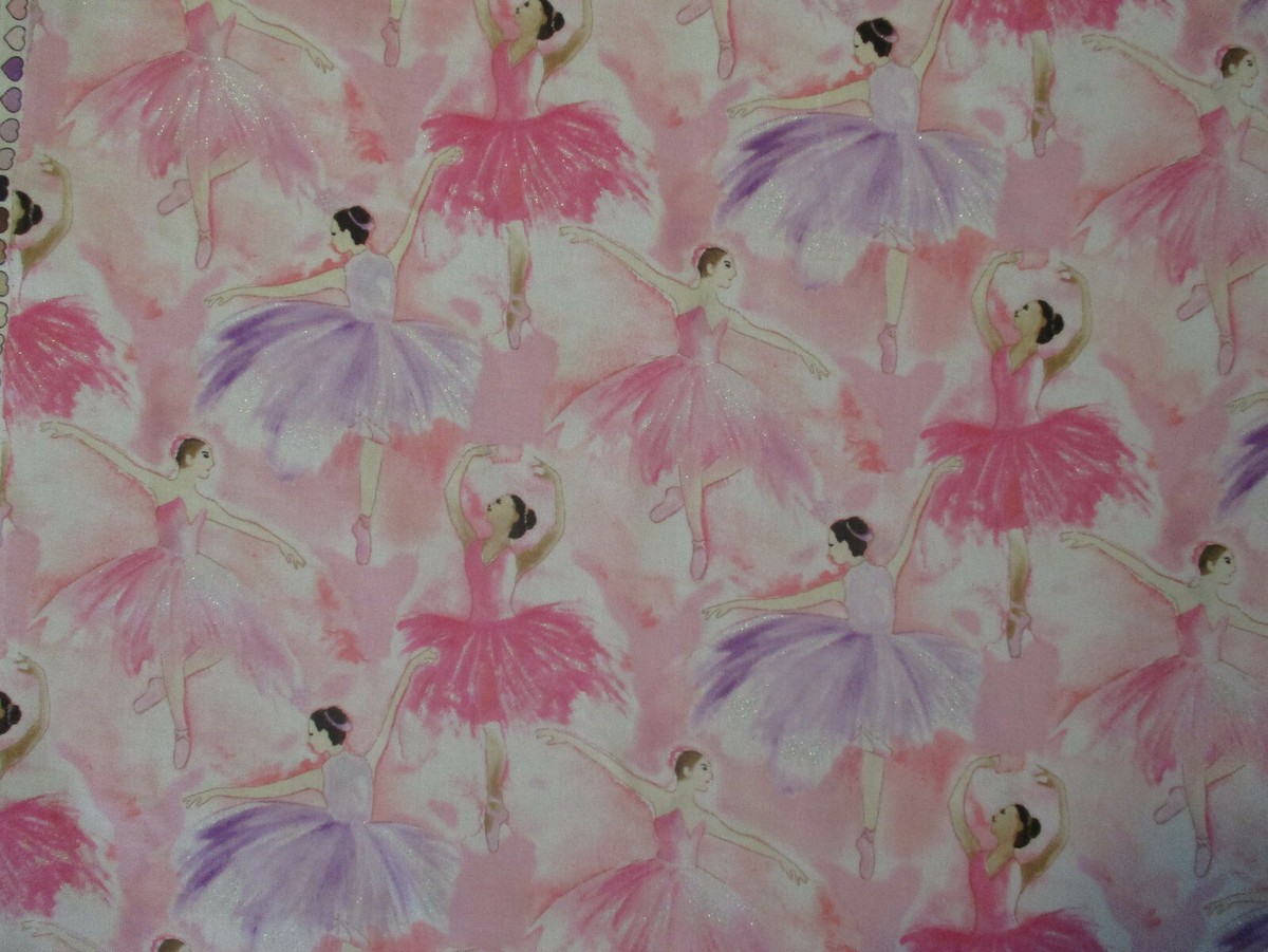 BALLERINA BALLET DANCERS PACKED PINK PURPLE GLITTER COTTON FABRIC 