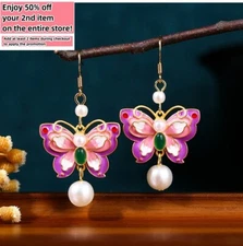 Jade Enamel Pearl Dangle Earrings Boho Butterfly Dainty Gemstone 18K Gold Plated