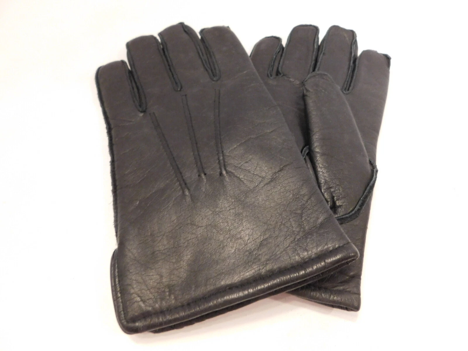 NEW DESIGNER MEN'S BLACK LEATHER GLOVES ACRYLIC KNIT LINING SIZE MEDIUM