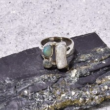 Biwa Perlen Ring, 925er Silber, Edelsteinring (23473), mit Edelopal u. Mondstein