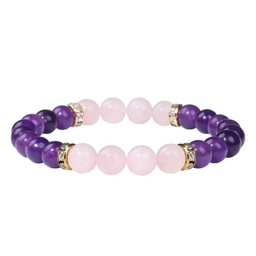 Brachialetto Elastici In Cristallo Ametista E Quarzo Rosa Con Cuore Di Selenite - Caricato Di Energie