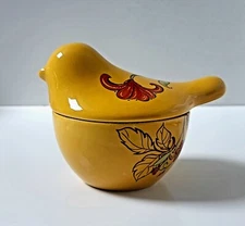 Bird Covered Dish Yellow Floral Crock/Candy Dish