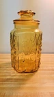 Vintage Federal Glass Canister with lid Harvest Gold Amber MCM Atterbury Scroll