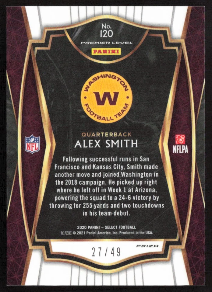 2020 Panini Select Neon Green Prizm /49 Alex Smith #120 Commanders - Image 2 of 2