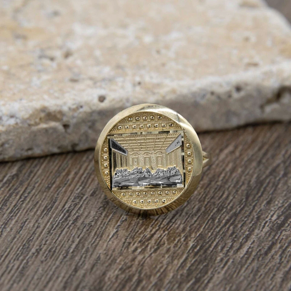 Diamond-Cut Round Last Supper Ring Real Solid 10K Yellow White Gold Size 7 - Image 4 of 4