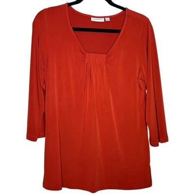 Susan Graver Liquid Knit 3/4 Sleeve Burnt Orange Pleated Blouse Top Size Medium