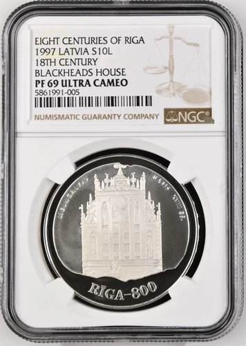 1997 Latvia 10 Latu 18TH Century Blackheads G House Silver NGC PF69 ULTRA CAMEO