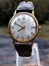 Vintage Mens Watch ELGIN Hand Winding 17 Jewels,W/ Date Case Gold Plated 34mm 