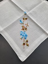 Vintage Ladies Hankie Embroidered Blue Floral