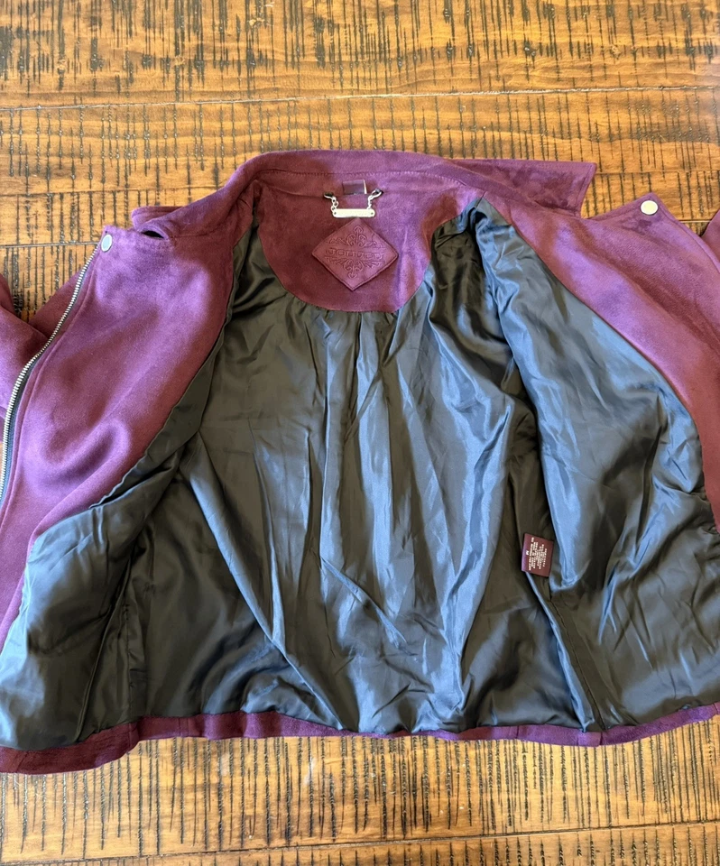 JOUJOU Medium Motorcycle Faux Suede Purple Leather Jacket Zippers Woman - Image 4 of 4