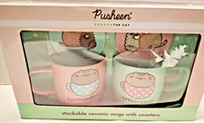 Pusheen The Cat Stackable Ceramic Mugs and Coasters Set NIB Fun Cute & Giftable