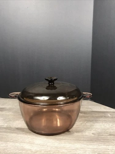 Vtg Visions Corning Ware Pyrex Amber 4.5L Glass Dutch Oven Stock Pot & Lid