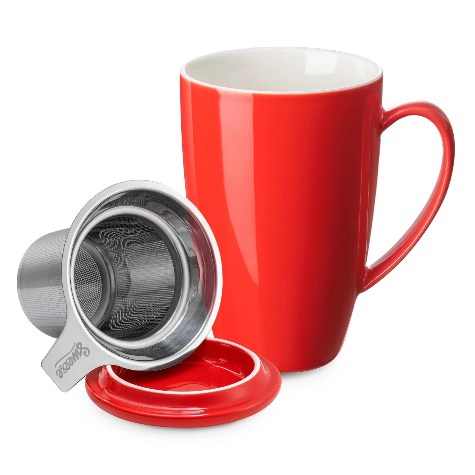 Red Porcelain Tea Mug Infuser Lid Loose Leaf Cup Gift Lover 15 oz