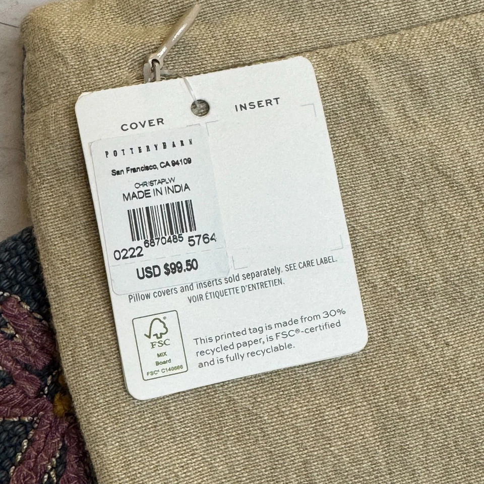 NWT Pottery Barn Christa Blue Floral 100% Cotton Embroidered 24" Pillow Cover - Image 3 of 4