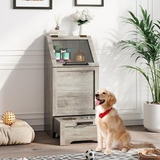 Wooden Pet Dogs Feeding Station Dog Food Storage Cabinet with 2 Elevated Bowls