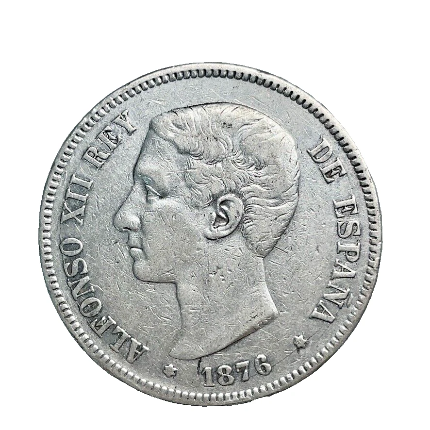 Испания 1876 (76) DE-M Мадрид ALFONSO XII 0,900 серебро 5 песет XF. Монета KM #671 - Изображение 3 из 4