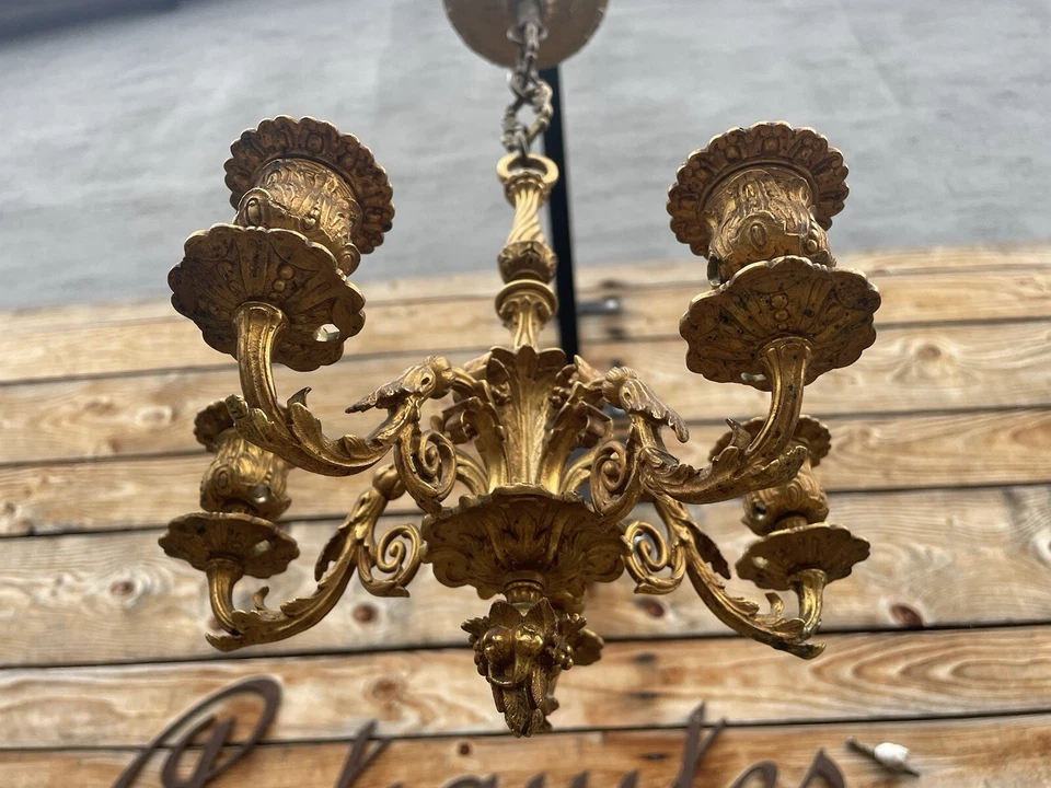 Lustre Bronze Doré Napoléon III XIXeme Ancien Lampe Couloir - Photo 2/4