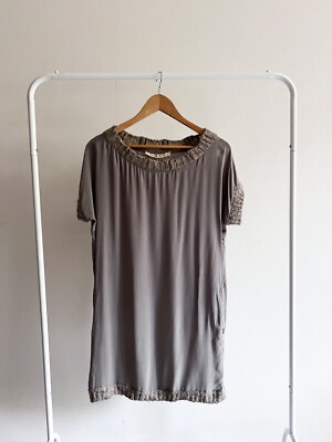 Ottod'Ame Vintage Women's Silk T-Shirt Dress Crochet Inserts Light Gray USA 4