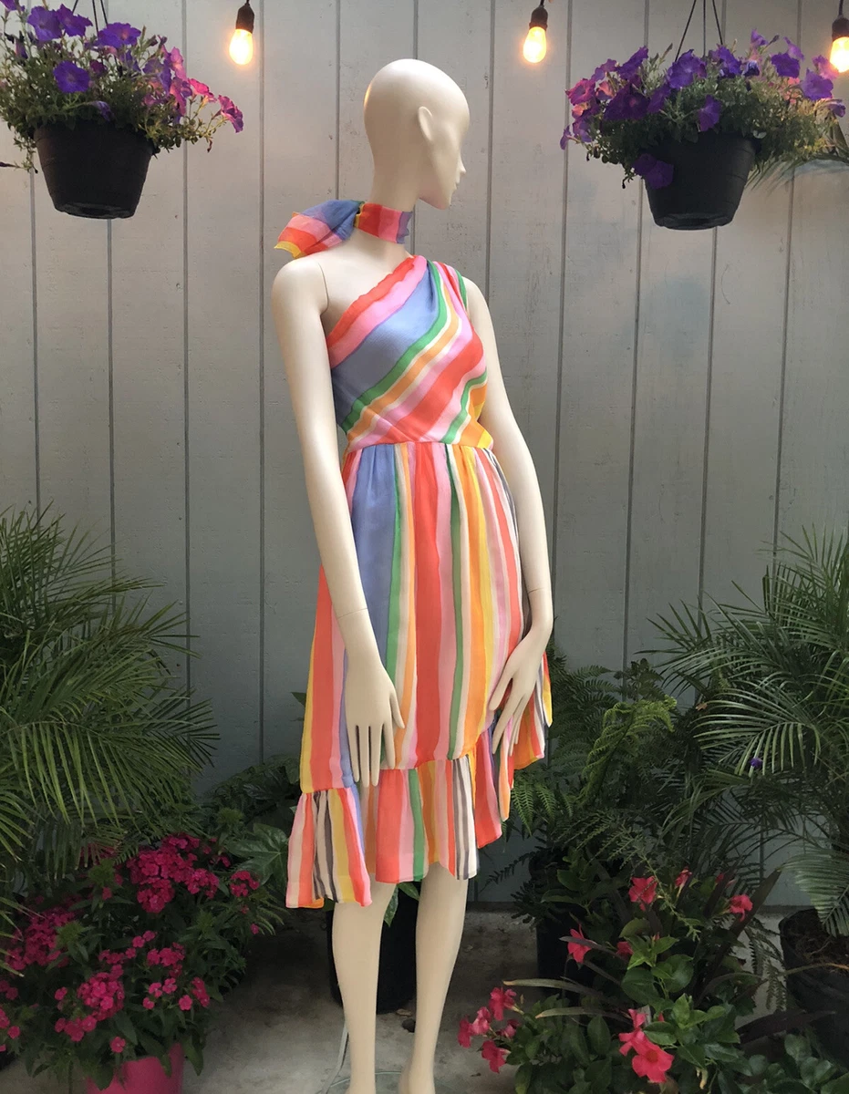 Vintage JEAN-LOUIS SCHERRER Numbered RAINBOW SILK CHIFFON ONE SHOULDER DRESS