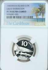 1985 BRITISH VIRGIN IS SILVER 10 CENTS GREAT BARRACUDA NGC PF 70 ULTRA CAMEO