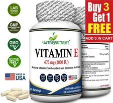 ACTIVE NUTRILIFE Vitamin E - Natural 1000 Iu 60 Vegan Capsules  Vitamin E Powder