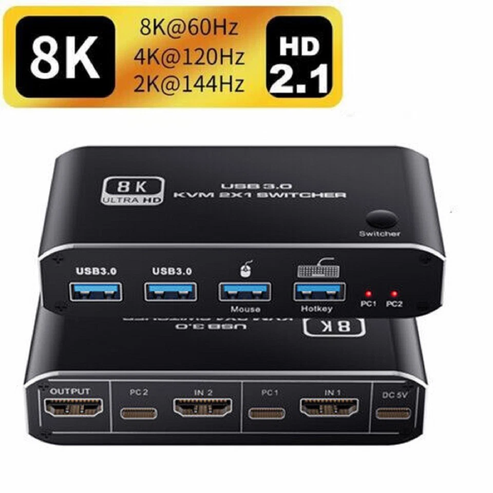 HDMI 2.1 KVM Switch 2X1 4K 120Hz 8K Dual Port USB 3.0 KVM Switcher with Hotkey f - Image 4 of 4