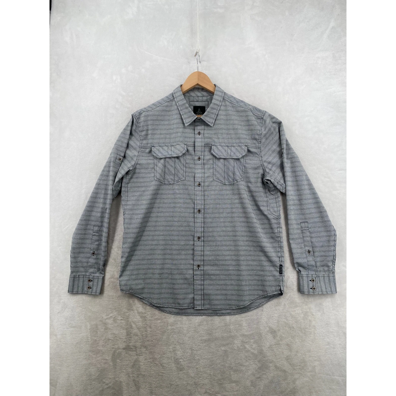 Prana Breathe Shirt Mens Large Grey Plaid Long Sleeve Roll Tab Hiking Outdoor
