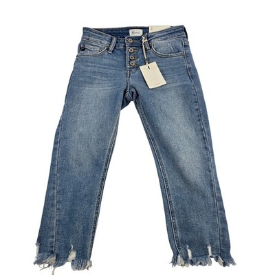 Kancan Mid Rise Capri Jeans Button Fly Distressed Frayed Hem Light Wash sz 01 24