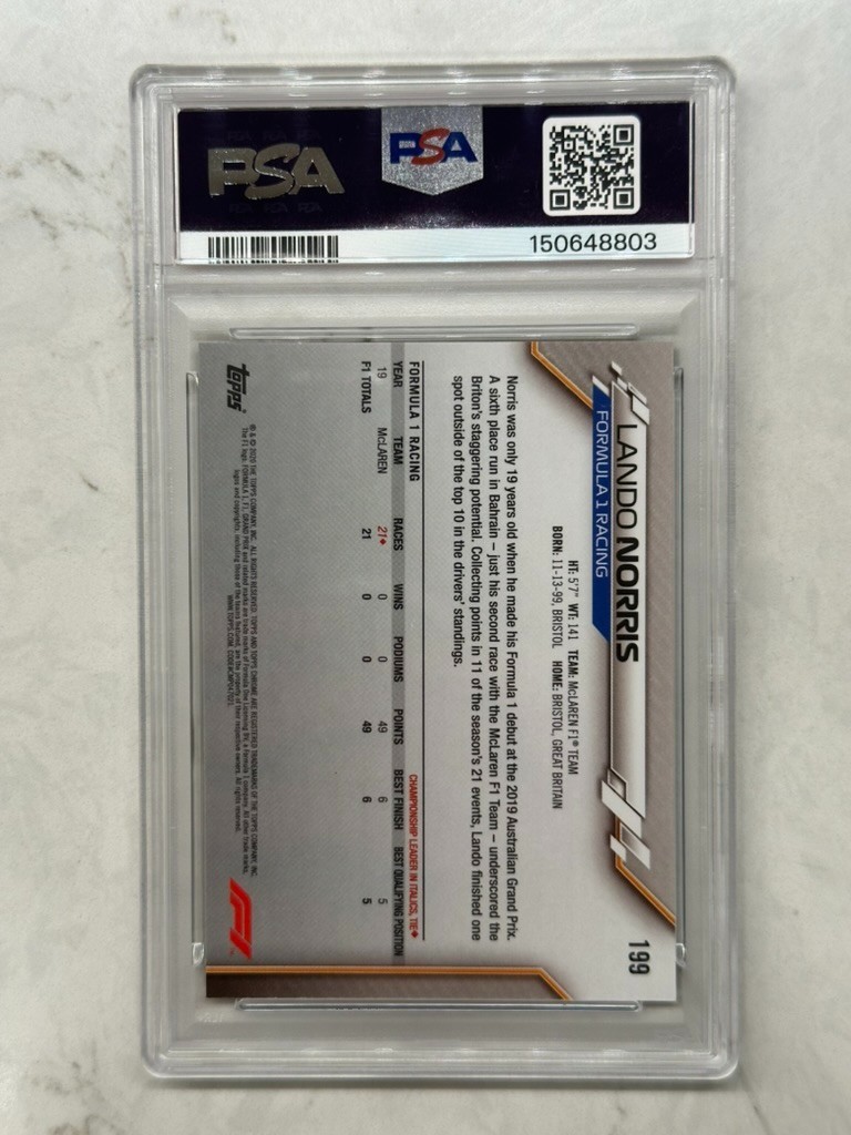 2020 Topps Chrome Sapphire F1 Lando Norris #199 McLaren Freshest RC PSA 9 view 2