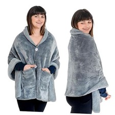 Premium Double Layer Poncho Blanket -No Sleeves Easy On Easy Off- Silver Gray