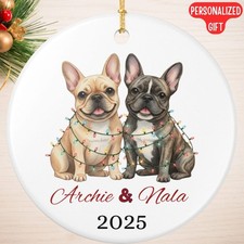 French Bulldog Pair Ornament with Christmas Lights, Personalized Dog