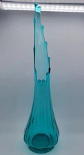 Vintage MCM LE Smith peacock blue aqua swung glass vase fat bottom ribbed 20"