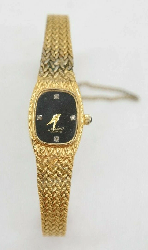 Vintage Xavier Quartz Watch Gold Tone W Black Watch Face Stones EL