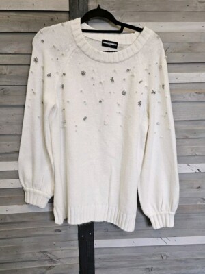 Karl Lagerfeld  Emblished  White Crew Sweater Lg