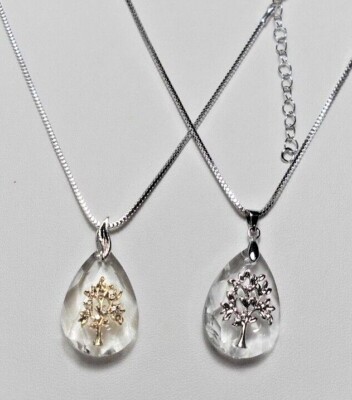 28mm glass + crystals 'tree 0f Life' pendant, 47cm chain - Gold or Silver  (2D1)