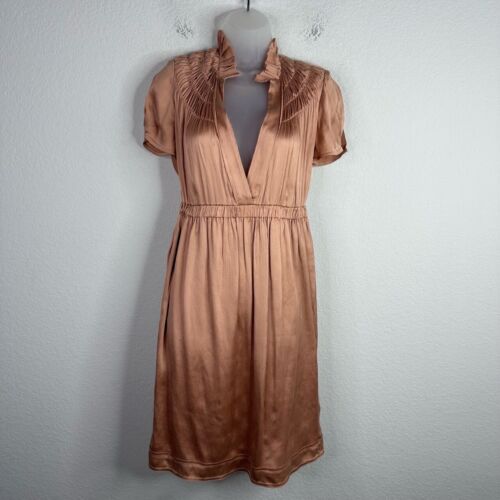 Calypso St Barth Dress Womens XS Brown Silk V Neck Ruffled Romantic Vacation