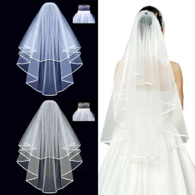 Velo de novia de boda borde satinado con peine blanco marfil codo elegante catedral  Foto 4 de 4