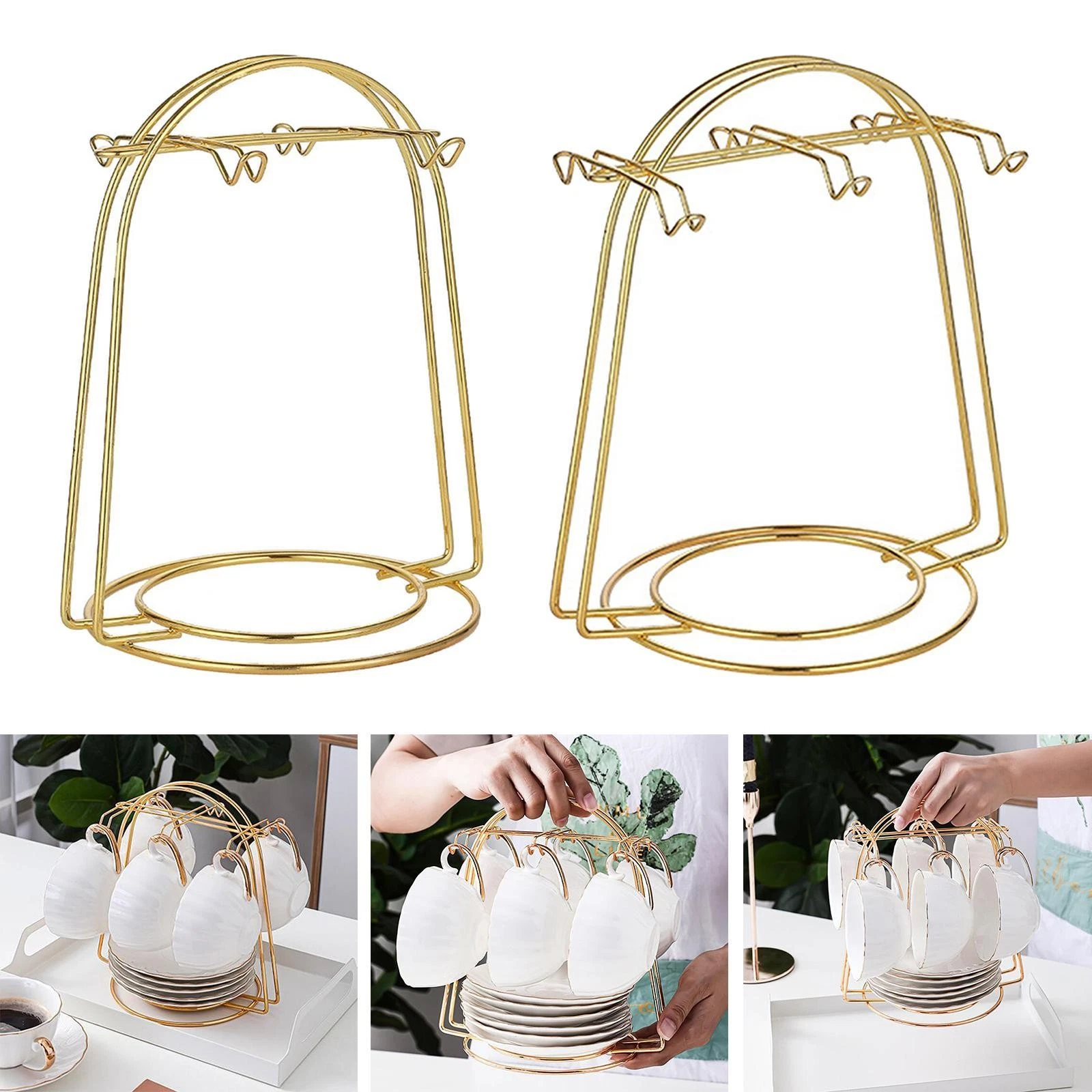 Portable Tea Cup and Saucer Display Rack Mug Hanger for Tabletop Kitchen