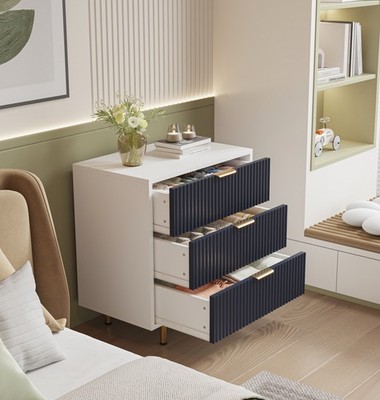 3 Drawer Dresser, Bedroom, Living Room, Hallway, White Wood Tone, Metal Legs and Navy Blue Fluted Panel, Spacious Drawers, Stable Structure, Bedroom