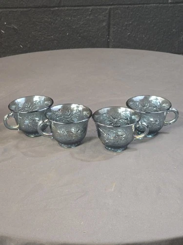 Vintage Carnival Glass Iridescent Blue Punch Bowl Cups  Set Of 4