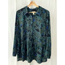 LOGO Lori Goldstein Sz M Floral Stretch Woven Button Up Blouse Long Sleeve Green