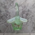 Fenton opalescent willow green mini basket hand-painted flowers Signed Glass