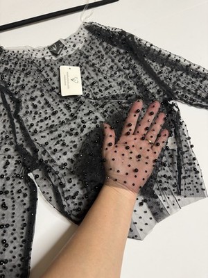 Windsor Black Beaded Mesh Sheer Polka Dot Long Sleeve Cropped Blouse Size S 
